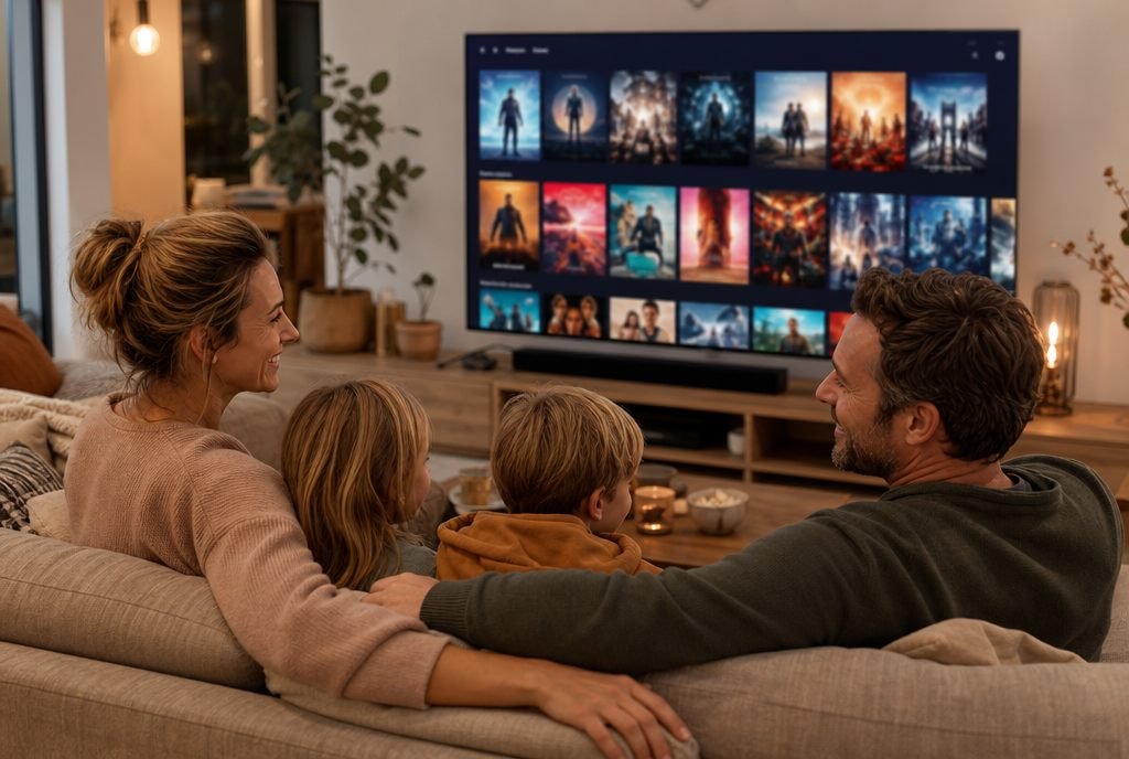 Gezin kijkt samen televisie in een lichte woonkamer