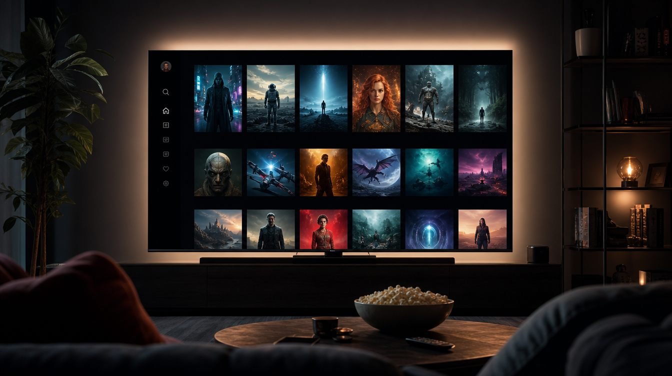 Televisie in sfeervolle woonkamer toont een VOD-interface met rijen film- en serietegels