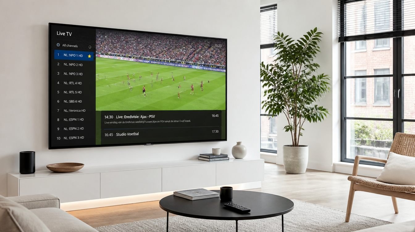 Televisie in lichte woonkamer toont live voetbal via een IPTV-proefaccount