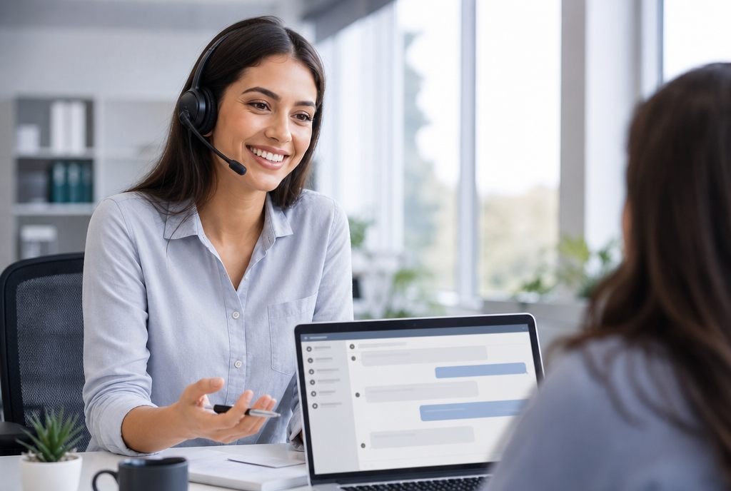 Vriendelijke klantenservicemedewerker met headset helpt een klant