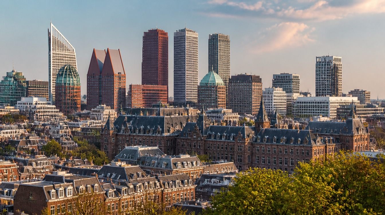 Skyline van Den Haag met moderne torens en historische daken in de middagzon