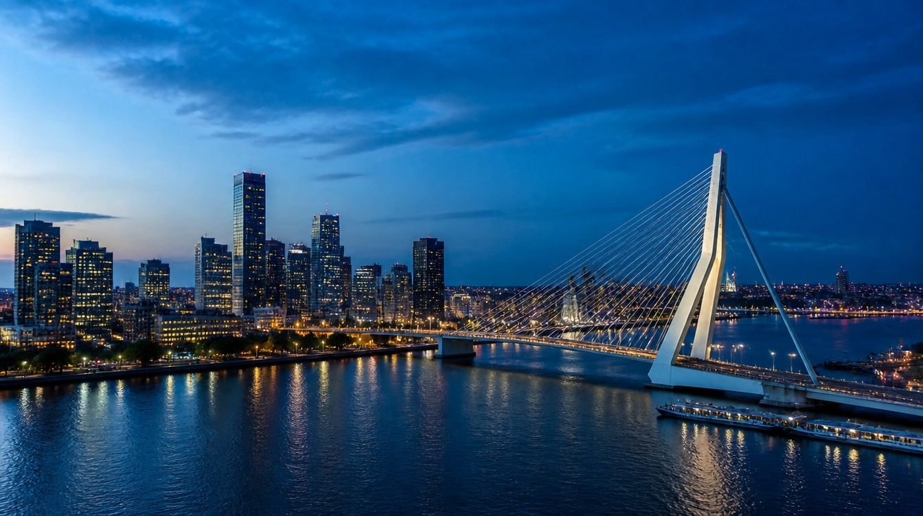 Skyline van Rotterdam met de verlichte Erasmusbrug in het blauwe uur