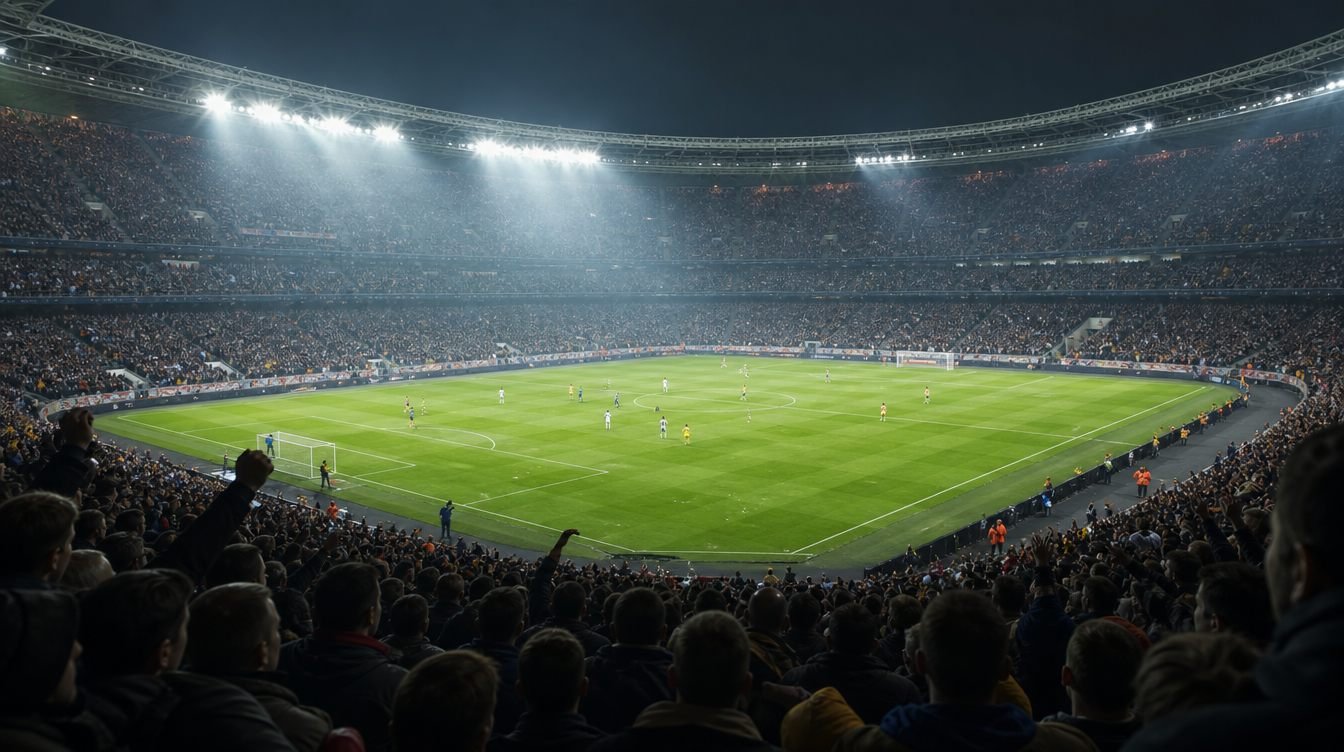 Sfeervol voetbalstadion in de avond onder felle lichtmasten