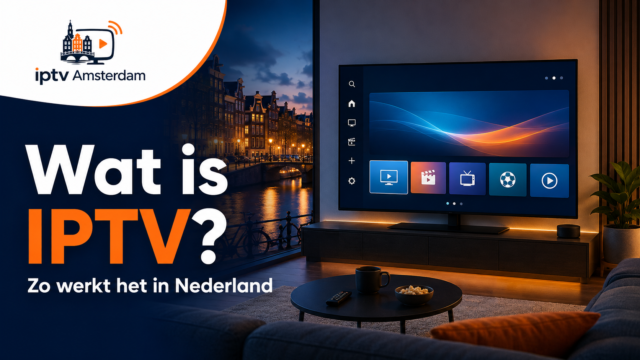 Illustratie over hoe IPTV werkt in Nederland met televisie, Amsterdamse grachtenpanden en het IPTV Amsterdam-logo